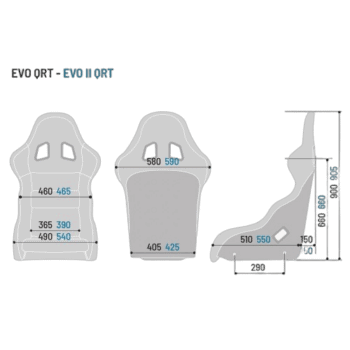 Detailed technical diagram of Grand Prix Racewear EVO II QRT racing seat with measurements in millimetres.