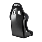 Black Sparco racing seat with ergonomic design and high-back support for motorsport safety and comfort.