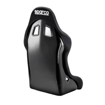 Black Sparco racing seat with ergonomic design and high-back support for motorsport safety and comfort.