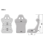 Technical drawing of Grand Prix Racewear racing seat with dimensions in millimetres, showing front, back, and side views.