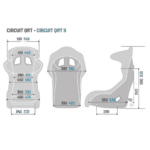 Technical diagram of Grand Prix Racewear with detailed measurements for racing seat and safety gear.