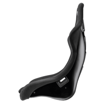 Black racing seat designed for Grand Prix racewear with ergonomic support and safety features.