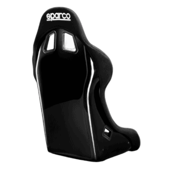 Black Sparco racing seat with high back and side support, designed for motorsport safety and comfort.
