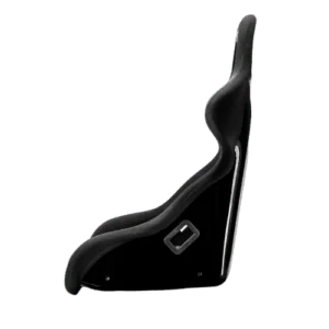 Black racing seat with ergonomic design for motorsport safety and comfort, featuring adjustable components for race car drivers.