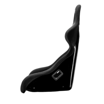 Black racing seat with ergonomic design for motorsport safety and comfort, featuring adjustable components for race car drivers.