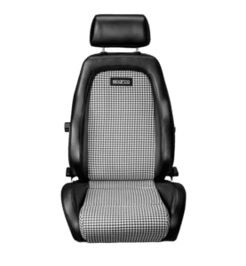Sparco racing seat with black and grey checkered fabric and adjustable headrest, designed for motorsport safety and comfort.