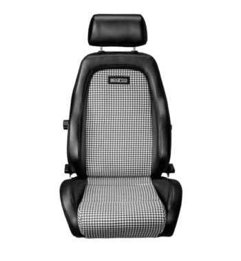 Sparco racing seat with black and grey checkered fabric and adjustable headrest, designed for motorsport safety and comfort.