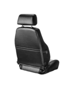 Black car seat with adjustable headrest, designed for racing or high-performance vehicles.