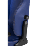 Close-up of a blue Grand Prix Racewear racing seat with black adjustment lever and detailed stitching, designed for motorsport safety and comfort.