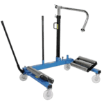 Heavy-duty wheel removal trolley with adjustable handle and roller system for efficient tyre changes in motorsport settings.
