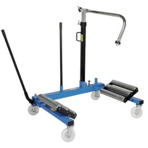 Heavy-duty wheel removal trolley with adjustable handle and roller system for efficient tyre changes in motorsport settings.