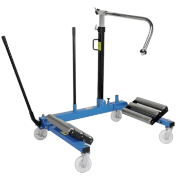 Heavy-duty wheel removal trolley with adjustable handle and roller system for efficient tyre changes in motorsport settings.