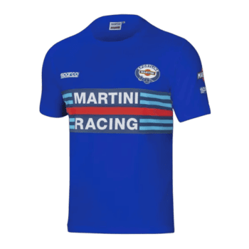 Blue Martini Racing T-shirt with sponsor logos and racing stripes, ideal for motorsport fans and racewear enthusiasts.