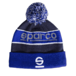 Blue and black Sparco branded racewear beanie with pom-pom, ideal for motorsport enthusiasts and race drivers.