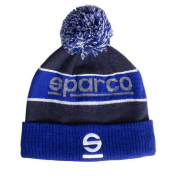 Blue and black Sparco branded racewear beanie with pom-pom, ideal for motorsport enthusiasts and race drivers.