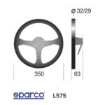 Sparco racing steering wheel with detailed measurements for motorsport use, featuring a 350mm diameter and 63mm depth, designed for high-performance racing vehicles.
