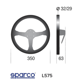 Sparco racing steering wheel with detailed measurements for motorsport use, featuring a 350mm diameter and 63mm depth, designed for high-performance racing vehicles.