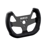 Sparco racing steering wheel designed for motorsport, featuring a black grip and lightweight metal frame for high performance driving.
