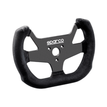 Sparco racing steering wheel designed for motorsport, featuring a black grip and lightweight metal frame for high performance driving.