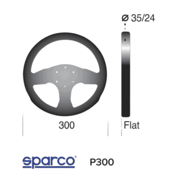 Sparco P300 racing steering wheel with size 35/24 and flat design, suitable for motorsport vehicles.