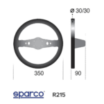 Sparco R215 racing steering wheel with detailed measurements and specifications for motorsport use.