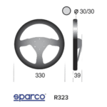 Steering wheel with detailed measurements and Sparco R323 logo, designed for racing cars, showcasing ergonomic features and high-quality materials.