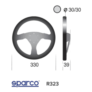Steering wheel with detailed measurements and Sparco R323 logo, designed for racing cars, showcasing ergonomic features and high-quality materials.