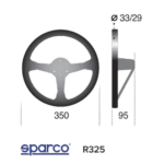Sparco racing steering wheel with detailed measurements for racing car safety and performance.