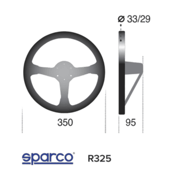 Sparco racing steering wheel with detailed measurements for racing car safety and performance.