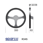 Racing steering wheel with detailed measurements and Sparco branding, designed for high-performance motorsport applications.