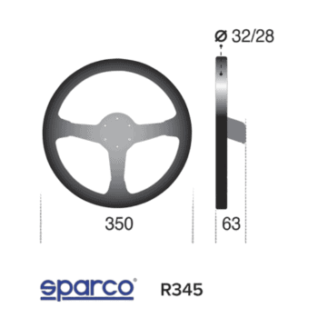 Racing steering wheel with detailed measurements and Sparco branding, designed for high-performance motorsport applications.
