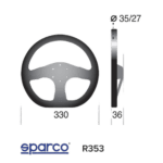 Technical diagram of a Sparco R353 racing steering wheel with dimensions and specifications for motorsport use.