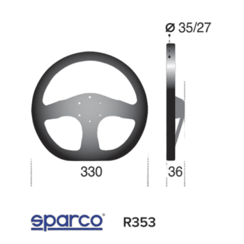 Technical diagram of a Sparco R353 racing steering wheel with dimensions and specifications for motorsport use.
