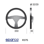 Racing steering wheel with detailed measurements for Grand Prix Racewear, featuring Sparco branding and specifications for professional motorsport use.