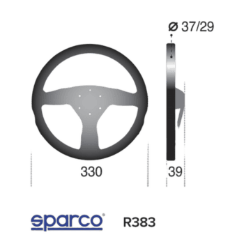Detailed technical diagram of a Sparco racing steering wheel with measurements and specifications for motorsport use.