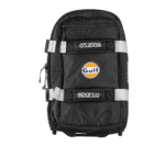 Black racing backpack with Gulf and Sparco logos, designed for motorsport enthusiasts and racewear fans.