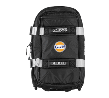 Black racing backpack with Gulf and Sparco logos, designed for motorsport enthusiasts and racewear fans.
