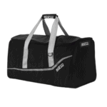 Black Sparco racing gear bag with grey straps, ideal for motorsport enthusiasts and racewear storage.