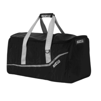 Black Sparco racing gear bag with grey straps, ideal for motorsport enthusiasts and racewear storage.