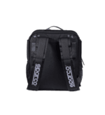 Black Sparco racing backpack with adjustable straps and logo, ideal for motorsport enthusiasts and racewear storage.