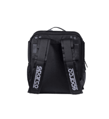 Black Sparco racing backpack with adjustable straps and logo, ideal for motorsport enthusiasts and racewear storage.