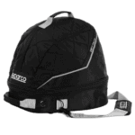 Black Sparco racing helmet bag with grey accents and Drytech logo for motorsport gear storage.