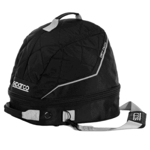 Black Sparco racing helmet bag with grey accents and Drytech logo for motorsport gear storage.