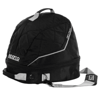 Black Sparco racing helmet bag with grey accents and Drytech logo for motorsport gear storage.