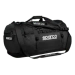 Sparco racing gear bag in black with white logo, ideal for motorsport enthusiasts and racewear storage.