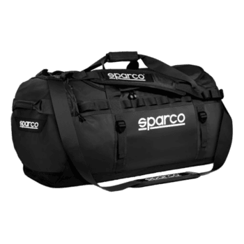 Sparco racing gear bag in black with white logo, ideal for motorsport enthusiasts and racewear storage.
