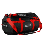 Sparco racing gear bag in black with red straps, ideal for motorsport enthusiasts and racewear storage.