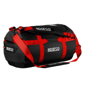 Sparco racing gear bag in black with red straps, ideal for motorsport enthusiasts and racewear storage.