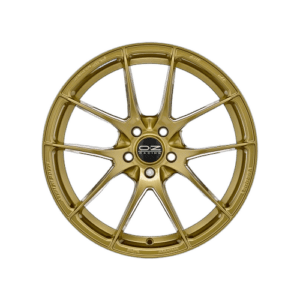 Gold OZ Racing alloy wheel designed for high-performance racing cars, featuring a multi-spoke pattern and lightweight construction.