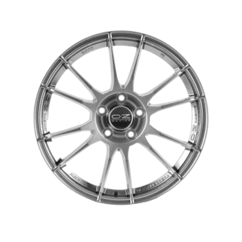 High-performance OZ Racing alloy wheel designed for racing cars, featuring a lightweight and durable construction with a sleek silver finish.